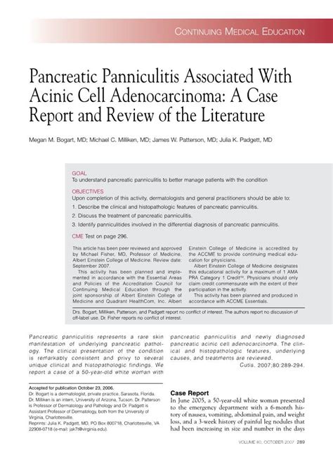 Pancreatic Panniculitis Associated With Acinic Cell Adenocarcinoma A Case Report And Review Of