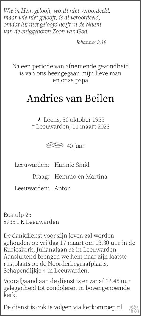 Andries Van Beilen 11 03 2023 Overlijdensbericht En Condoleances