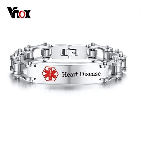 Vnox Free Customized Engraving Disease Name Medical Alert Id Bracelet For Men Stainless Steel