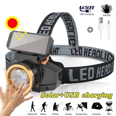 Solar Headlamp Usb Rechargeable Led Headlight With Sensor Waterproof