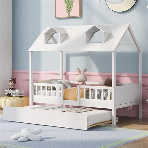 Harper And Bright Designs White Twin Size Wood House Bed With Trundle