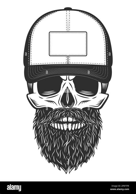 Skull In Baseball Cap With Beard And Mustache Vintage Monochrome