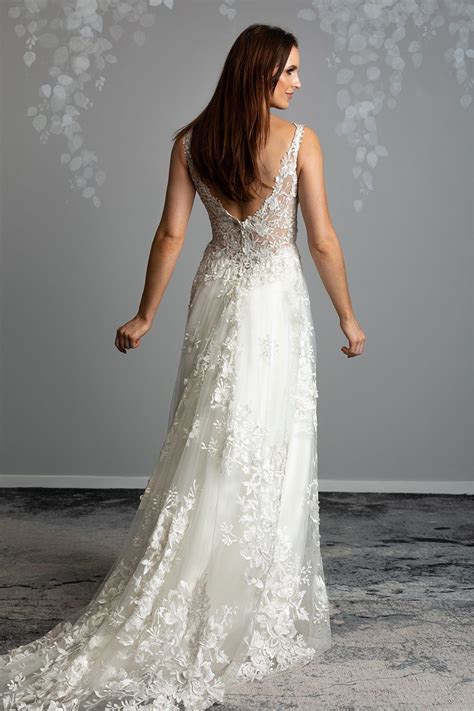 Delta Vinka Design Sheer Embroidered Lace Wedding Gown