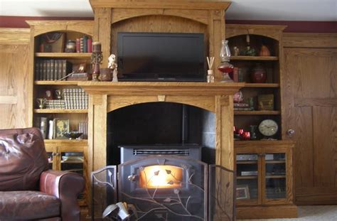 Pellet Stove Surround With Over Mantle And Bookcases Custom Made By Wood Innovations Corner