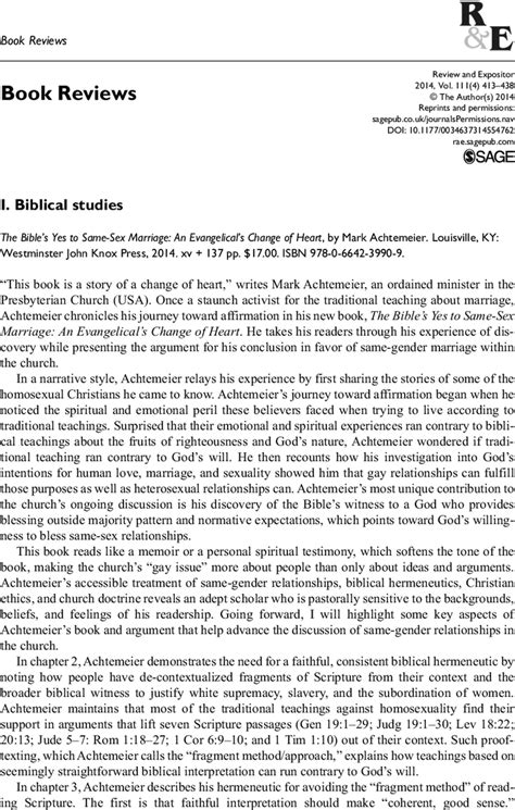 Book Review Mark Achtemeier The Bibles Yes To Same Sex Marriage An Evangelicals Change Of