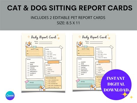 Pet Boardingsitting Report Card Template Editable Template Pet Report