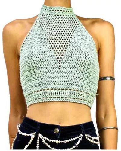 Top Crop Halter Tejido Mano Crochet Algod N Bikini Tri Ngulo Env O Gratis