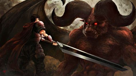 X Resolution Man Holding Sword Facing Beast Painting Berserk