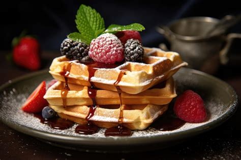 Premium Photo A Stack Of Waffles With Berries And Syrup On Top