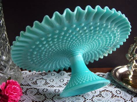 Fenton Turquoise Hobnail Cake Stand Turquoise Milk Glass Etsy Milk