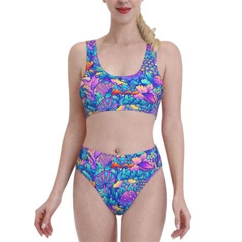 Haiem Colorful Mushrooms Women S High Waisted Bikini Set Two Piece