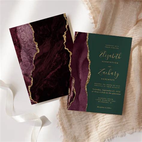 Modern Burgundy Gold Agate Emerald Green Wedding Invitation Zazzle