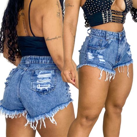 Short Bermuda Jeans Desfiado Cintura Alta Destroyed Shopee Brasil