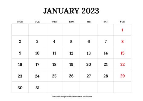Printable January 2023 Calendar Free Download in PDF - Bordio