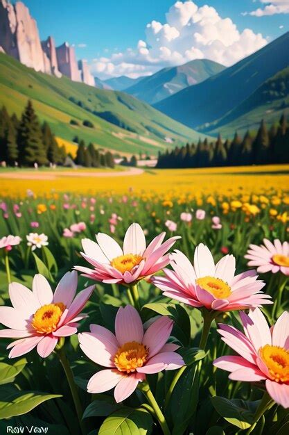 Um Campo De Flores Montanhas Ao Fundo Foto Premium