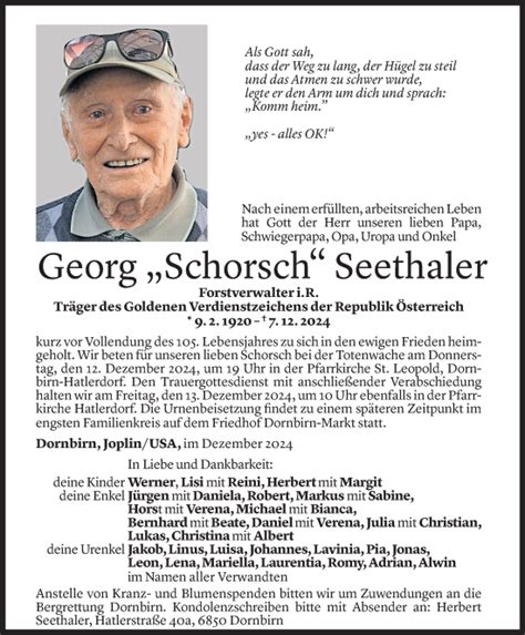 Todesanzeigen Von Georg Seethaler Todesanzeigen Vorarlberger Nachrichten