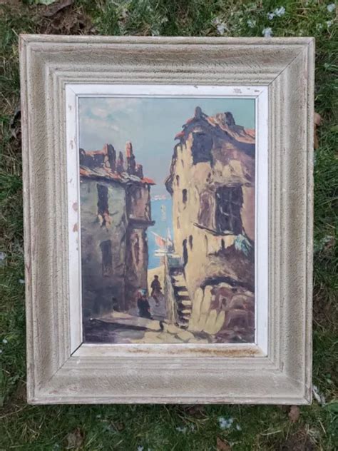 TABLEAU ANCIEN HUILE sur carton 1950 ville village bord de mer signé