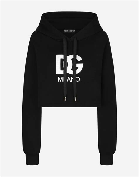 Cropped Jersey Hoodie With Embroidered Dg Patch In Black For Women