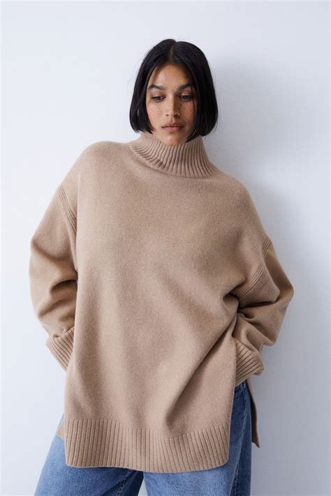 Oversized Polo Neck Jumper Dark Beige Ladies Handm