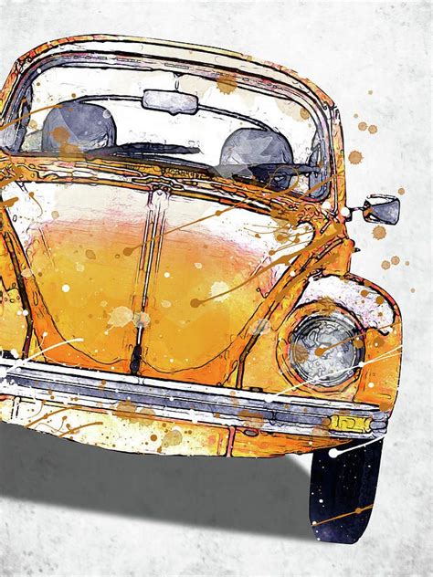 Volkswagen Digital Art Retro Volkswagen Beetle Yellow Watercolor By