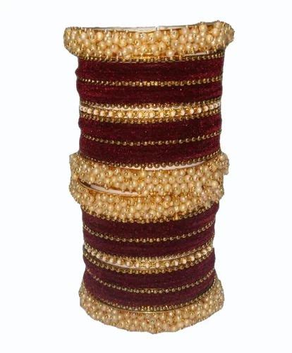 Maroon And Golden Wedding Wear Moti Glass Kundan Velvet Bangles Set At