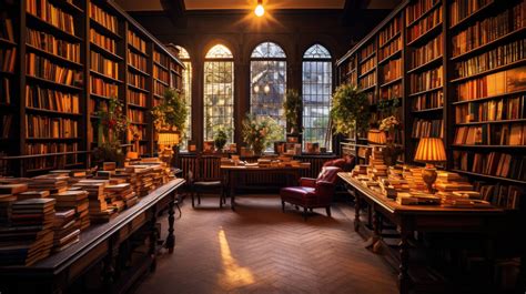 Cozy Bookstore Shelves Brimming With Books Under The Warm Library Lights