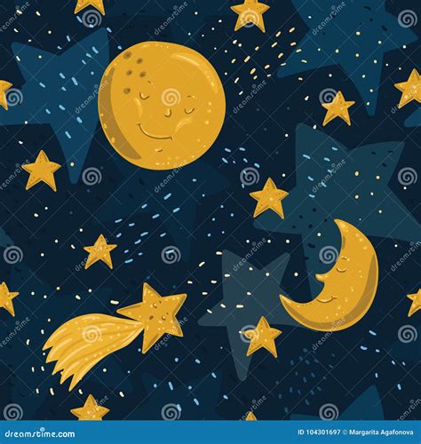 Seamless Pattern with Yellow Moon, Stars and Comet with Faces Stock ...