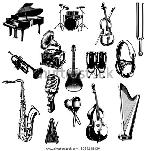 Set Monochrome Images Musical Instruments Pianos Stock Vector Royalty