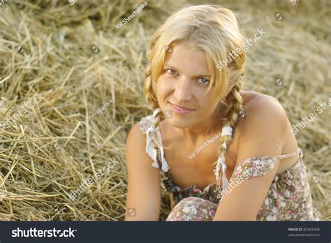 Portrait Beautiful Blonde Country Girl Sittitng Stock Photo 85391449