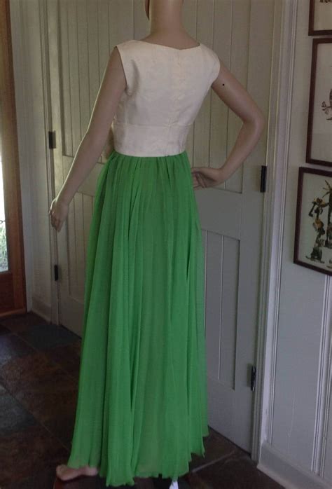 Vintage Long Evening Dress In Green Flowing Chiffon And Cream Color