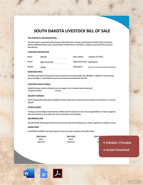 South Dakota Bill Of Sale Template