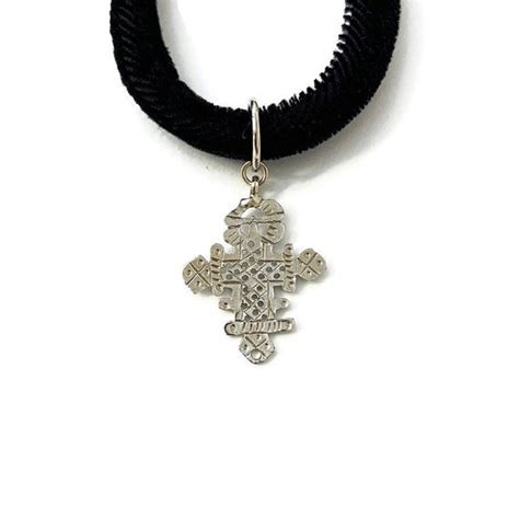 Vintage Silver Ethiopian Coptic Cross Pendant Velvet Gem