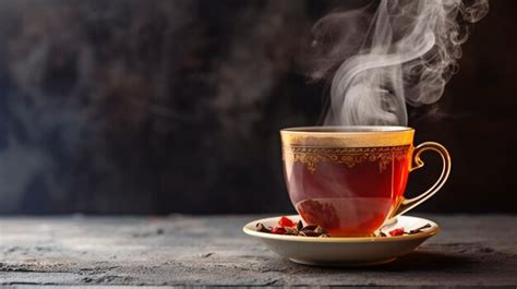 Premium AI Image Steaming Cup Of Hot Tea On A Dark Rural Background Room For Copying GENERATE AI