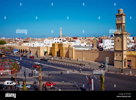 Morocco Casablanca Old Medina Clock Tower And Hassan Ii Mosque Stock