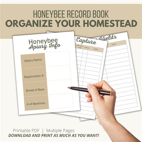 Honeybee Record Book Beekeeping Log Printable Download Beehive Inspection Checklist Beekeeper