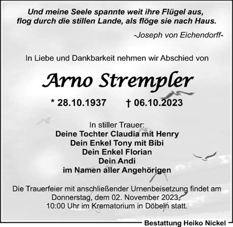 Traueranzeigen Von Arno Strempler Trauer Anzeigen De