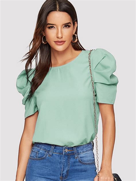 Shein Gathered Sleeve Keyhole Back Blouse Shirts Women Fashion