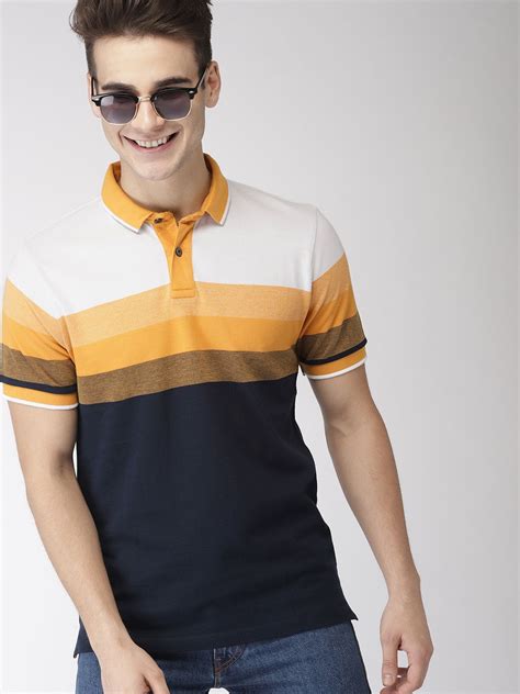 Mast Harbour Men Navy Blue Mustard Yellow White Colourblocked Polo