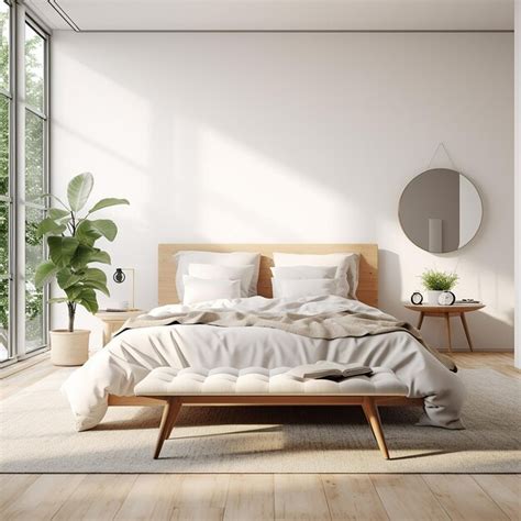 Un Dormitorio Con Una Cama Una Planta Y Un Espejo Foto Premium