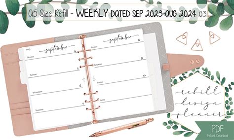 Printable A Size Weekly Planner Refill Horizontal Layout Week Etsy