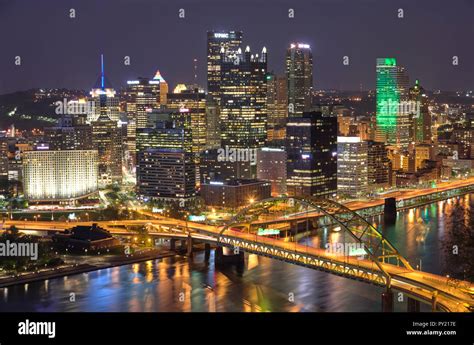 Night View Of Downtown Pittsburgh Pennsylvania Usa From The South