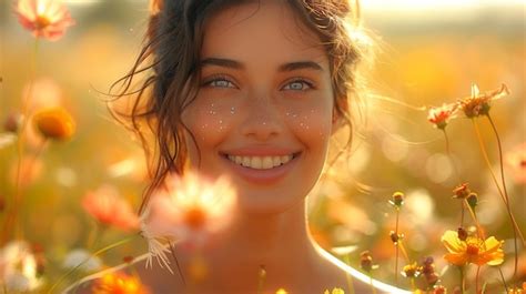 Premium Photo Gleeful Gaze A Young Womans Joy In A Field Of Sunshine