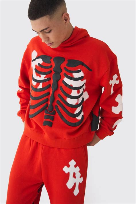 Oversized Boxy Skeleton Puff Print Cross Hoodie Boohoo Uk