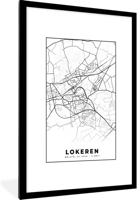 Fotolijst incl Poster Zwart Wit België Lokeren Stadskaart Kaart