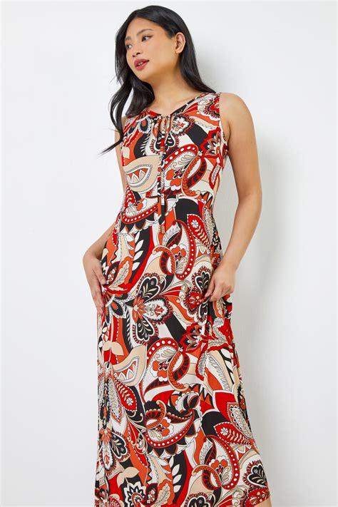 Petite Paisley Print Tie Neck Maxi Dress In Rust Roman Originals UK