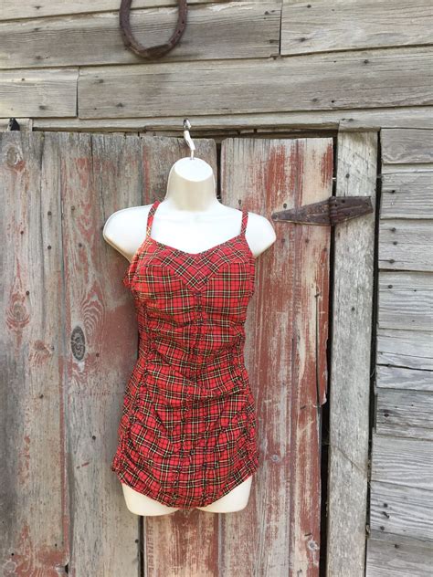 Vintage Jantzen Swim Suit Retro Womens One Piece Red Plaid Swimming Suit