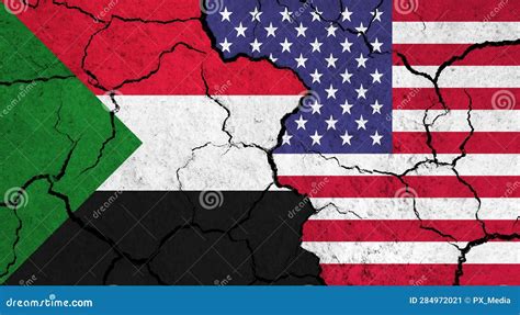 Flags Of Sudan And Usa On Cracked Surface Stock Illustration