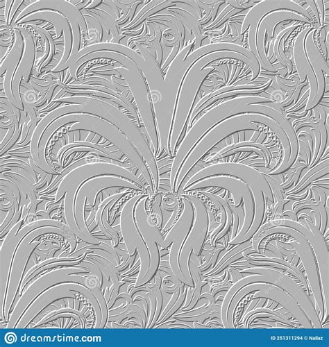 Textured Floral 3d Seamless Pattern White Relief Grunge Leafy Background Repeat Embossed