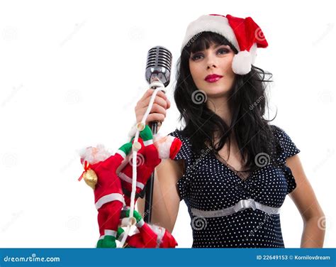 Christmas Singer With Microphone Stock Image Image Of Lips Ladder