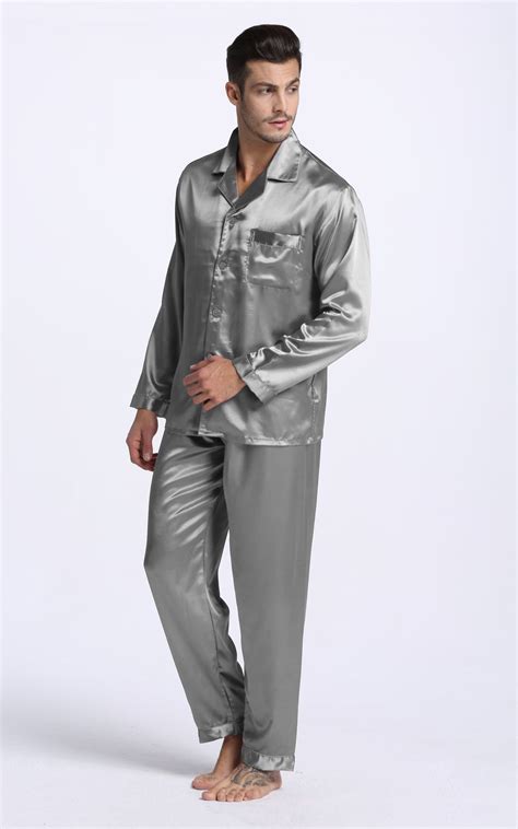 Mens Silk Satin Pajama Set Long Sleeve Gray Tony And Candice